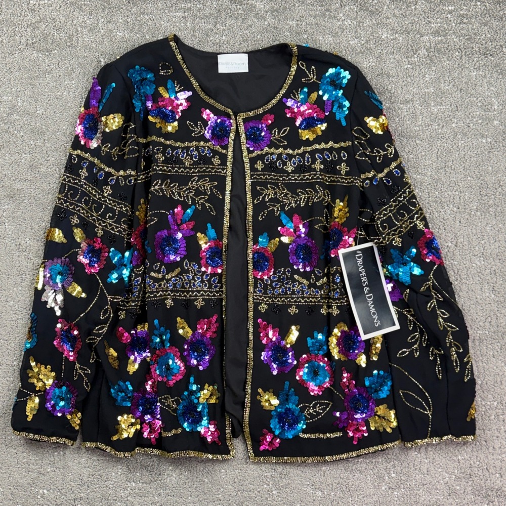 Drapers & Damons Jacket Womens PXL Black Sequin Beaded Floral Evening Formal